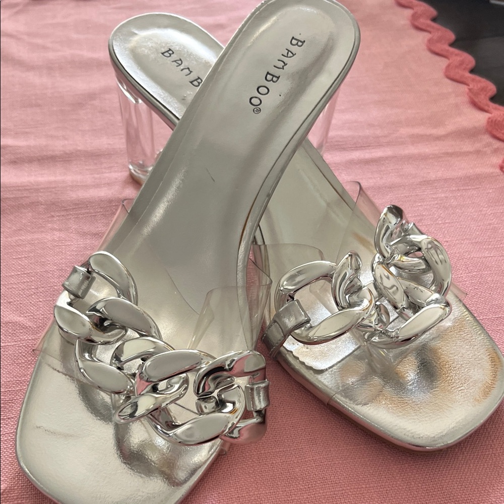 BAMBOO Silver Chain Clear Block Heel Mules